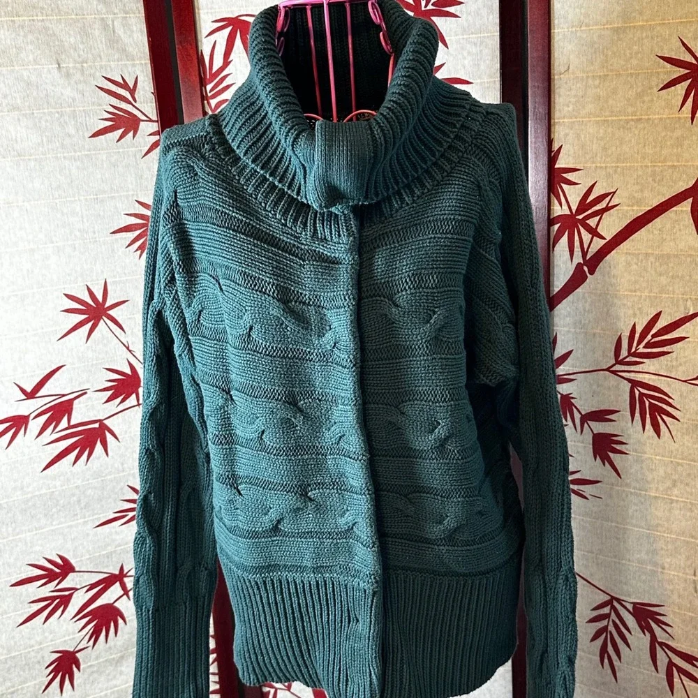 Talbots Green Chunky Cable Knit Convertible Collar Snap Front Cardigan Sweater M